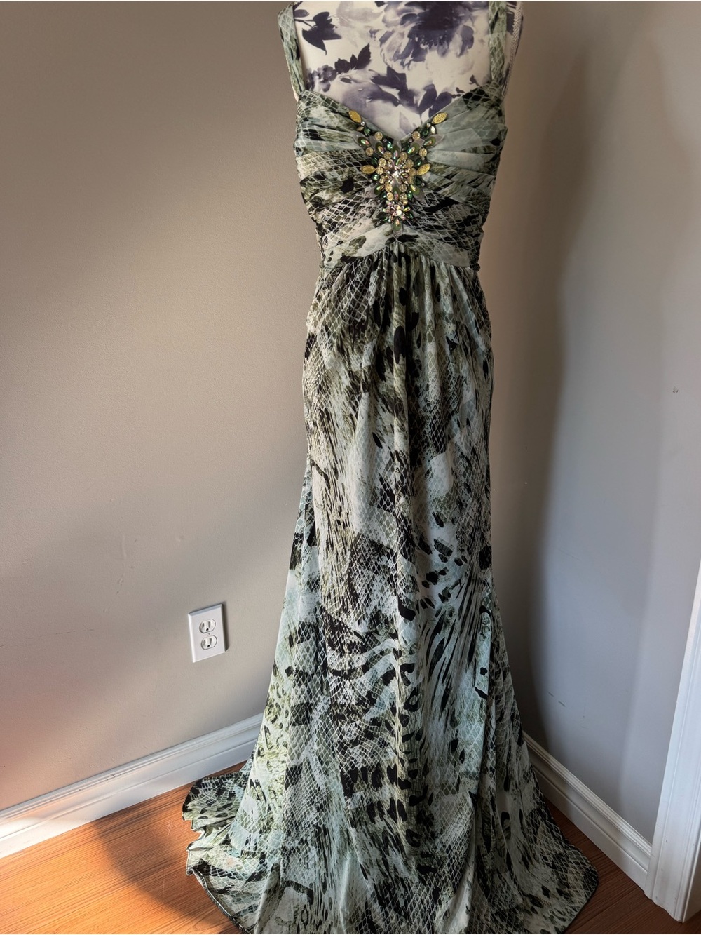 RARE Y2K Moshita Evening Embellished Green Snake Print Evening Gown